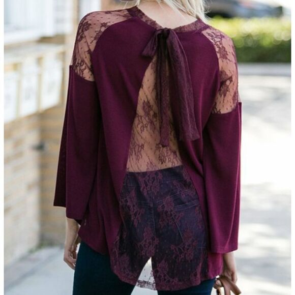 Wine lace-back bell-sleeve tunic - Picture 1 of 12